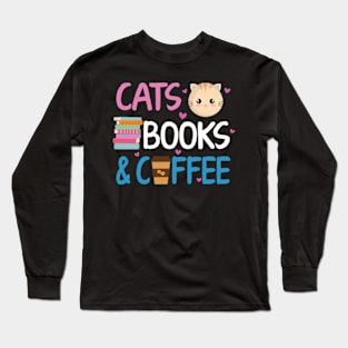 Reading Cats And Coffee Book Nerd Cat Lover Kitten Long Sleeve T-Shirt